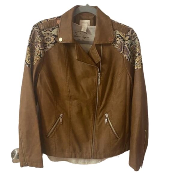 Chico's Faux Leather Vegan Brown Zip Up Moto Short Jacket Size 0/Small #1348 - Picture 2 of 15